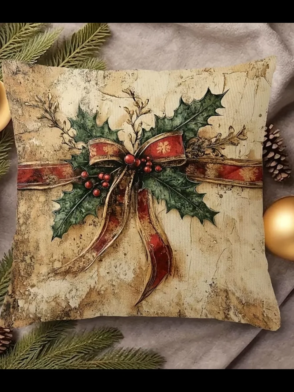 Holiday Holly Ribbon Decorative Throw Pillow - Red & Green